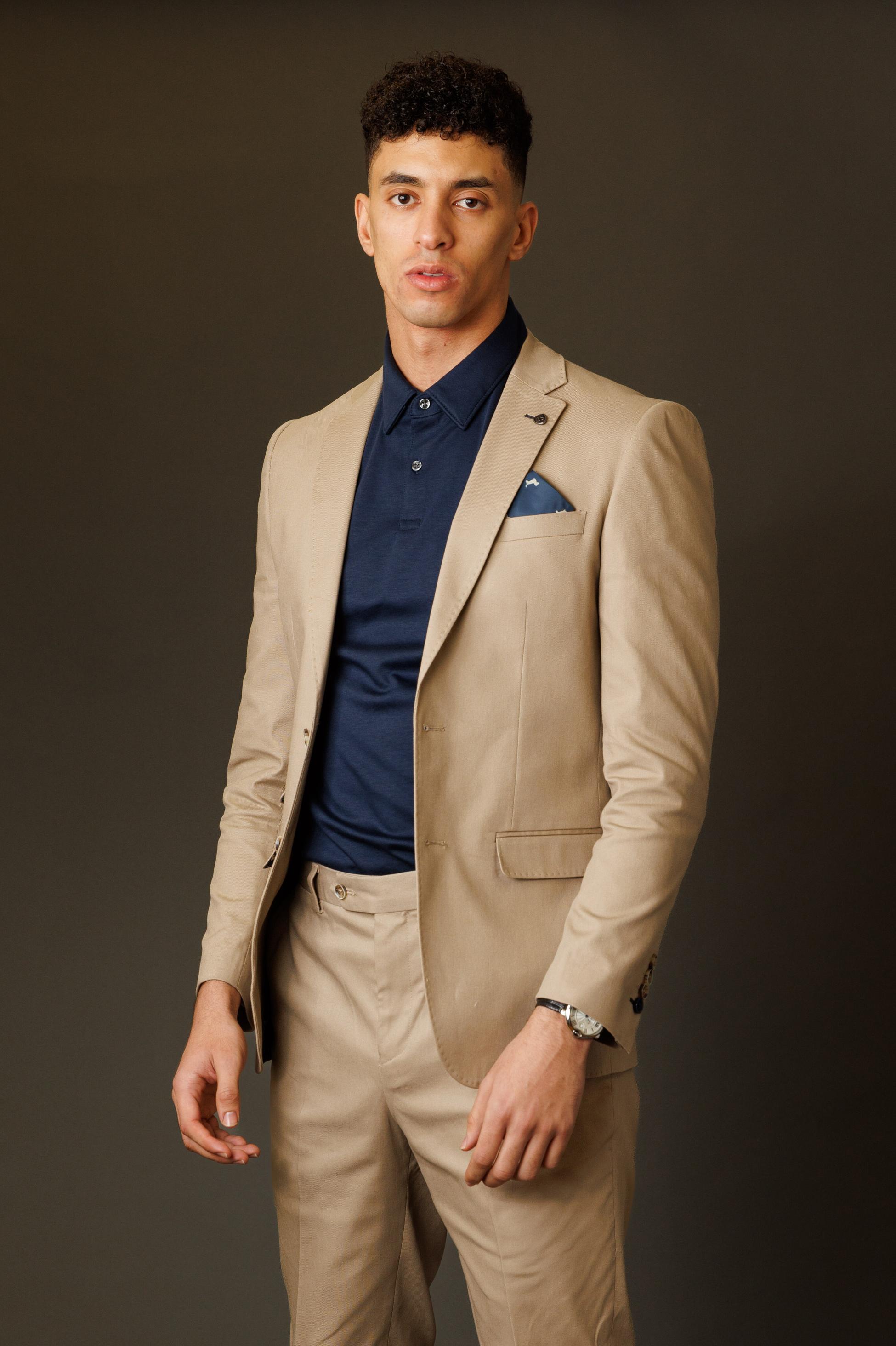 Men's Cotton Slim Fit Beige Suit - KINGSTON - Beige