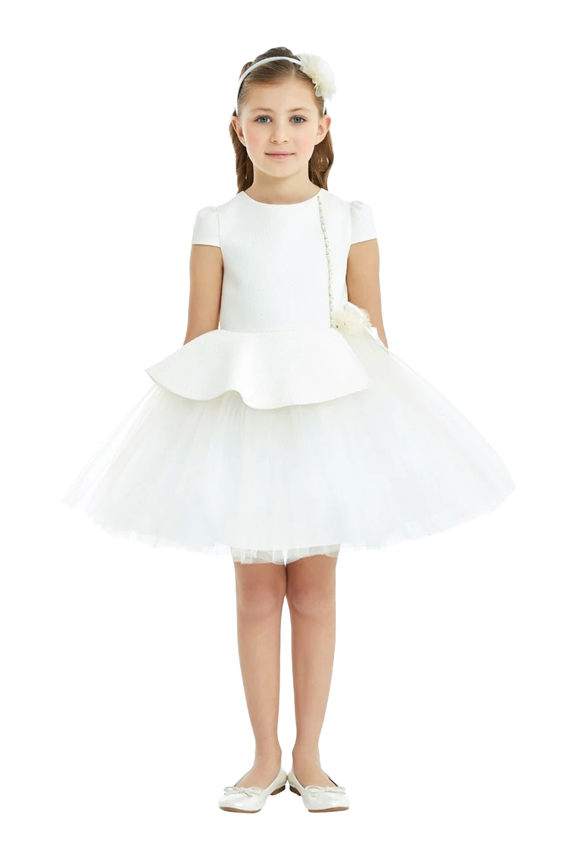 Girls Peplum Short Sleeve Dress - Ecru