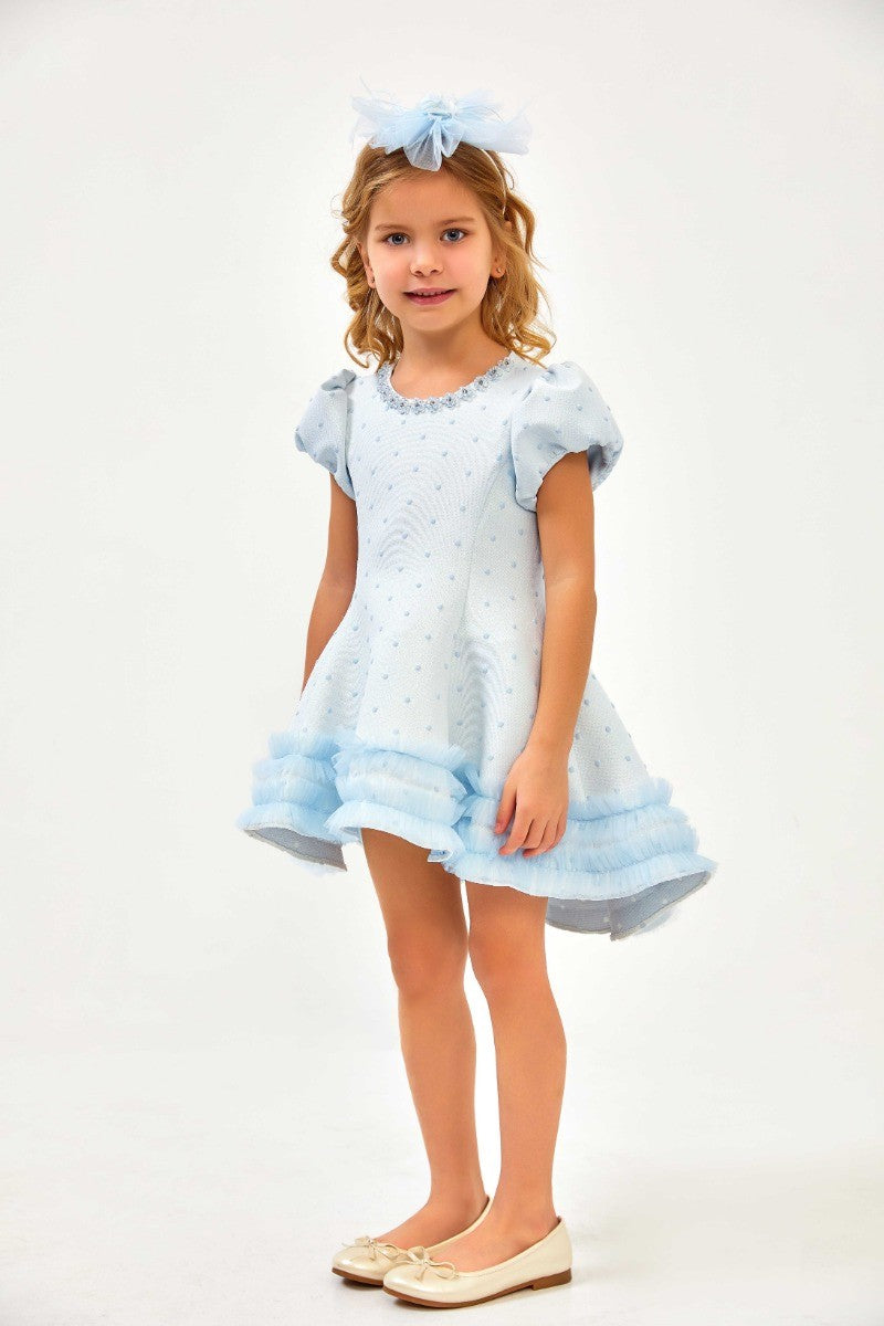 Blumenmädchen Gepunktetes 3-teiliges Kleid-Set - Babyblau