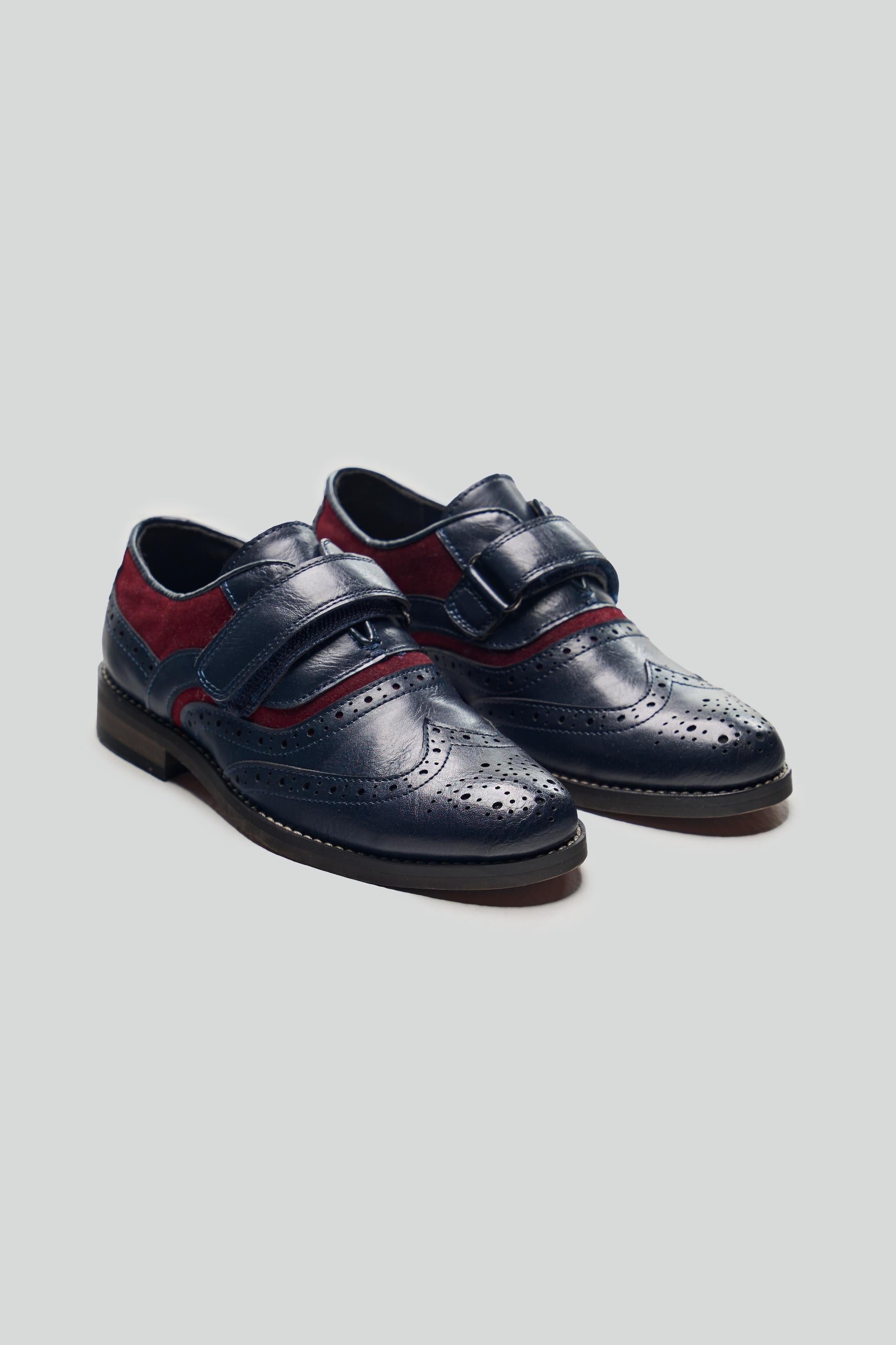 Chaussures Oxford Brogue à Velcro pour Garçons - RUSSEL - Bleu Marine - Rouge