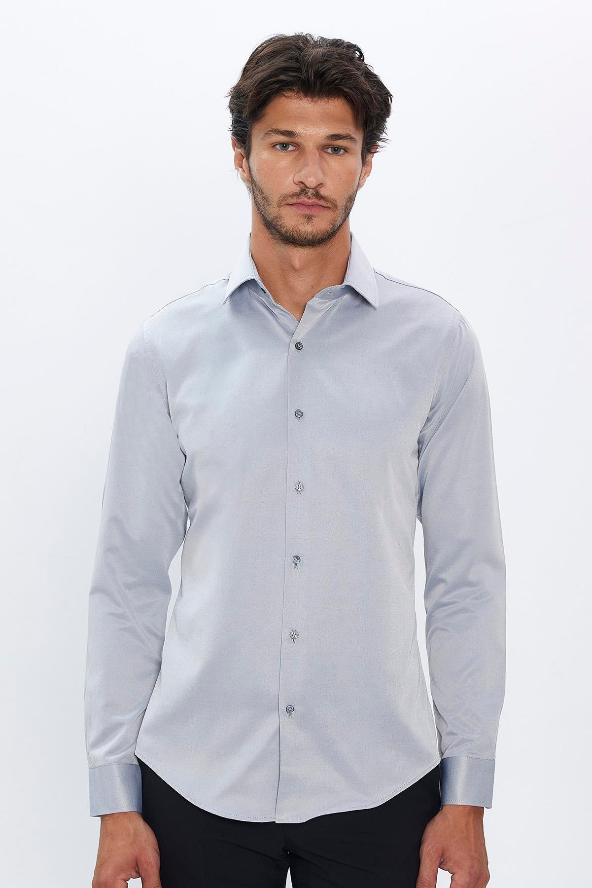 Men's Slim Fit Button-Down Cotton Blend Dress Shirt - Dimi Dotti - Grey