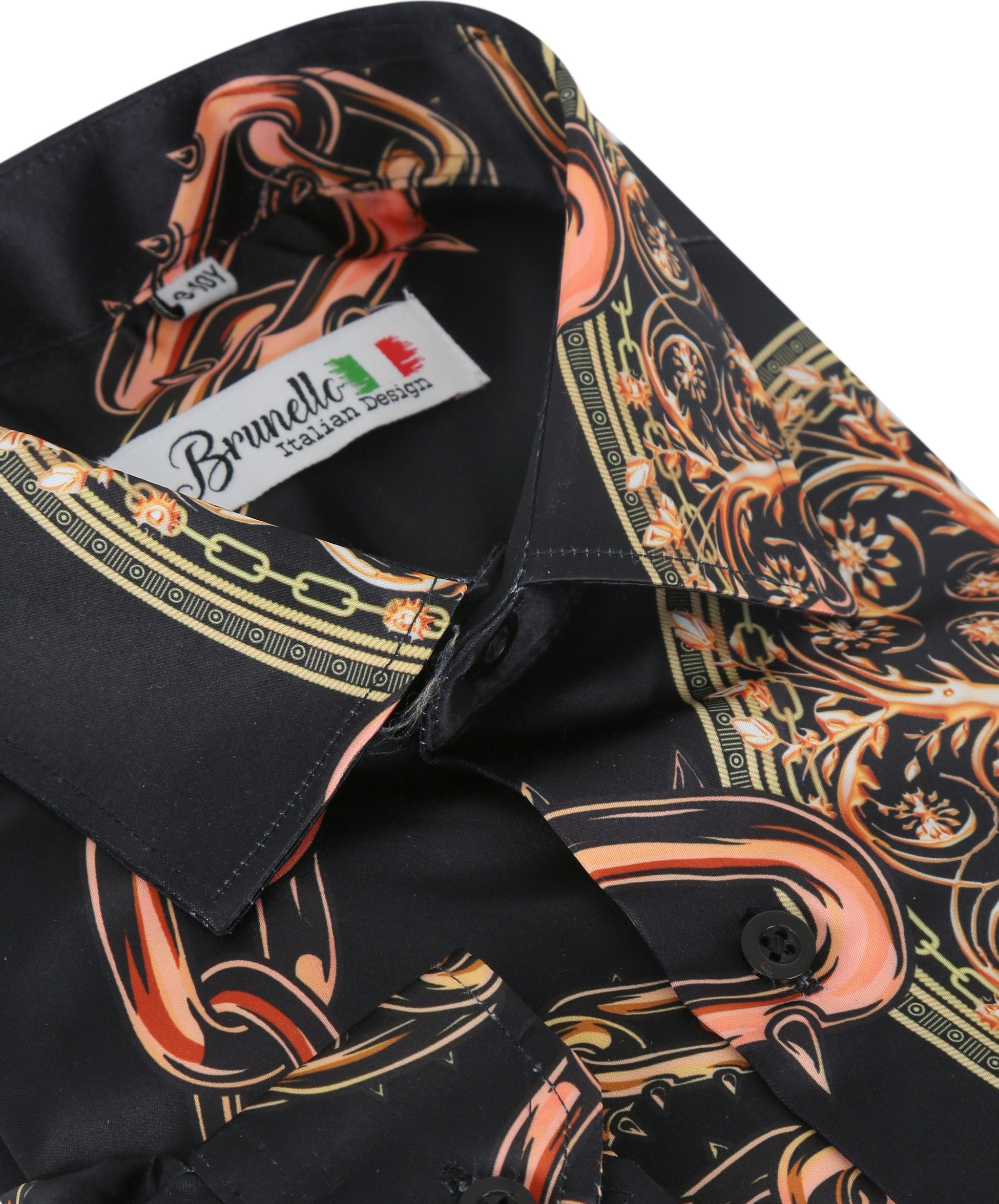 Chemise en satin imprimée à manches longues pour hommes - Noir et Orange