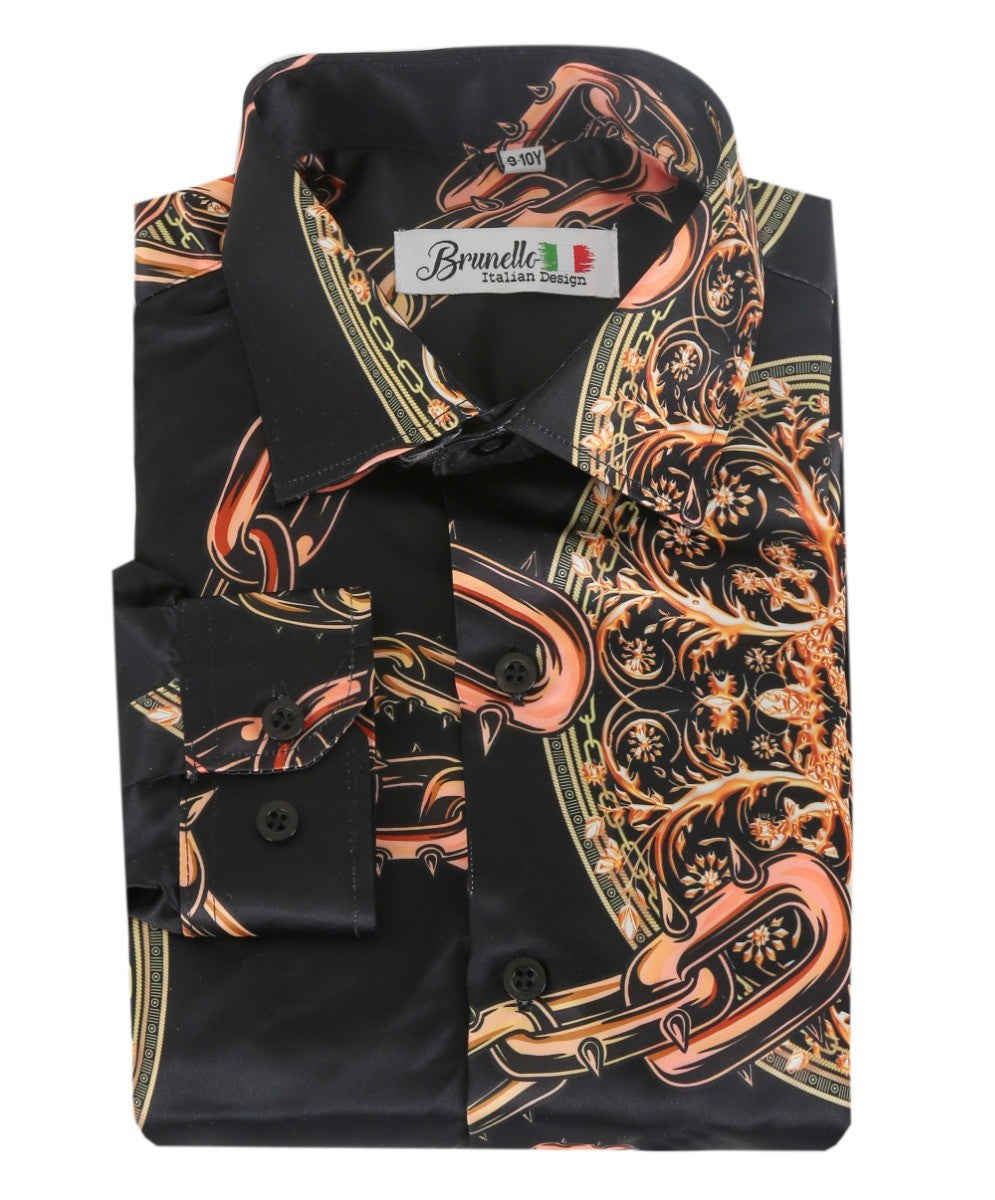 Boys Slim Fit Long Sleeve Printed Satin Shirt - Black and Orange