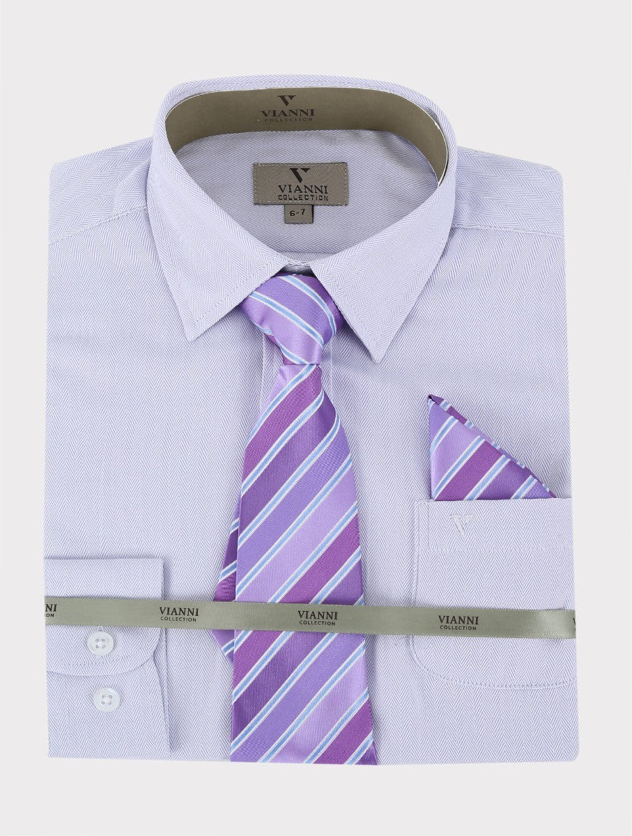 Boys Cotton Blend Long Sleeve Shirt, Tie & Hanky Set - Lilac -Patterned Tie