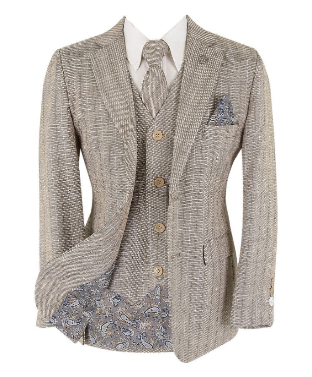 Boys Tweed Check Tailored Fit Suit - Beige and Brown