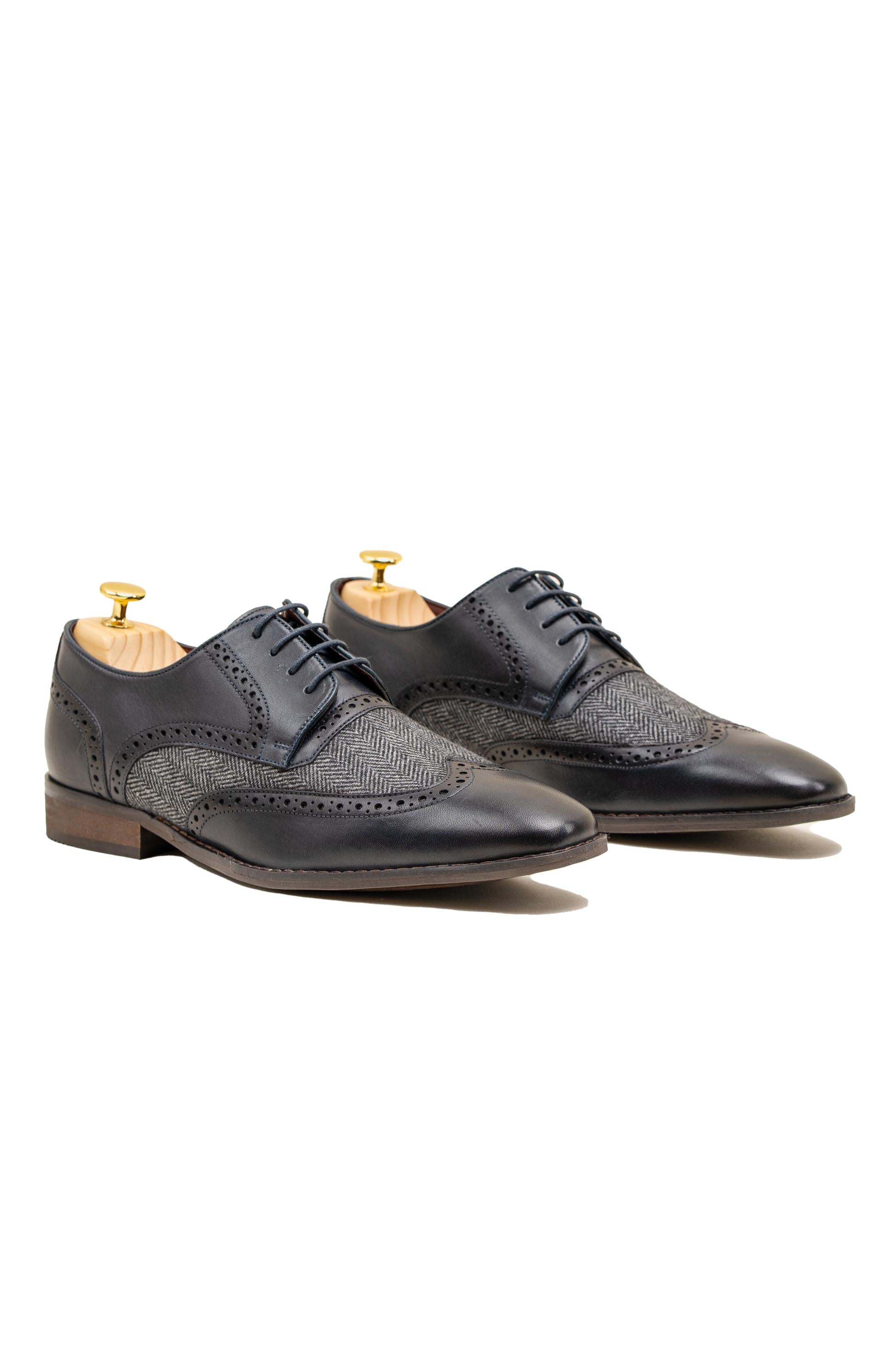 Chaussures Brogue en Cuir Véritable et Tweed pour Homme - FARO - Bleu Marine