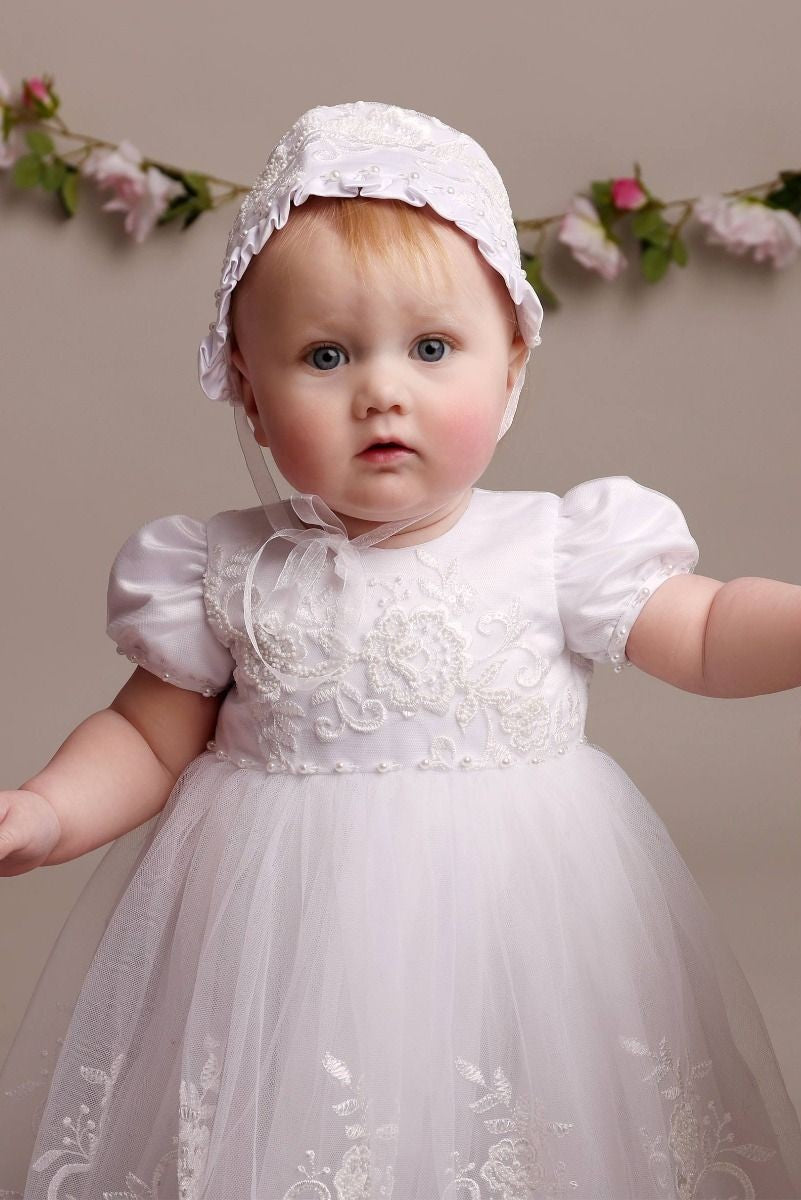 Baby Mädchen Erbstück Spitzen Taufkleid & Häubchen - ALEXA - Weiß