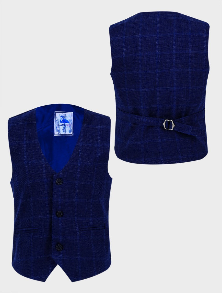 Gilet en Tweed à Carreaux Windowpane pour Garçons - Bleu Marine