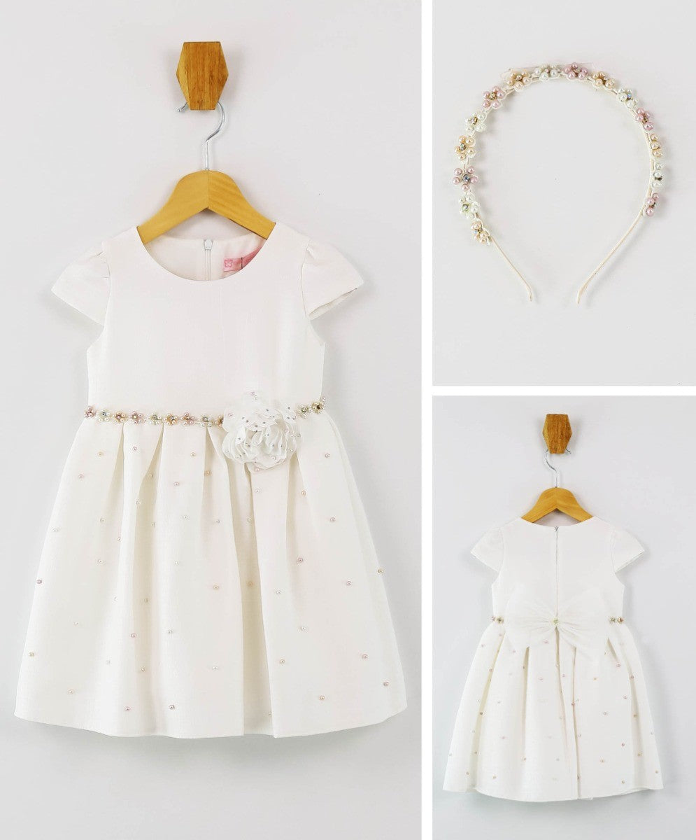 Ensemble de Robe de Communion à Manches Courtes et Perles pour Filles - Ecru