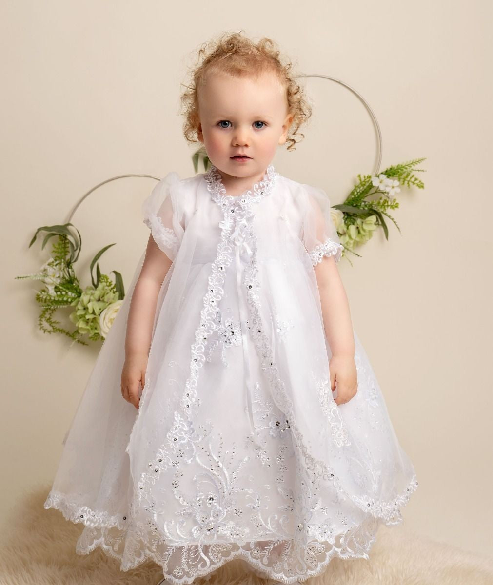 Baby Mädchen Pailletten & Spitzen Taufweißes Kleid-Set - 396 - Weiß