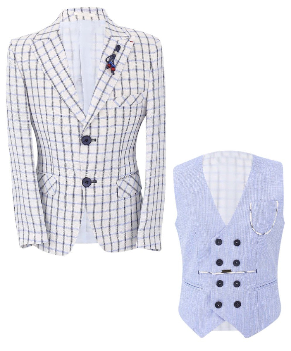 Ensemble Costume Blazer à Carreaux et Gilet Double-Parfait pour Garçons - Bleu