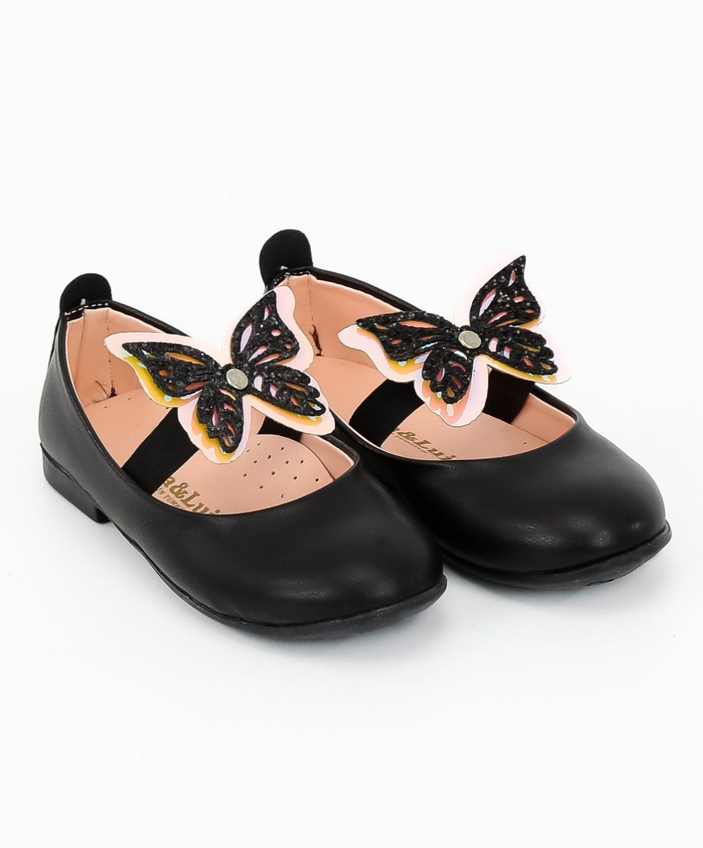 Girls Ballerina Butterfly Strap Flat Dress Shoes - Black