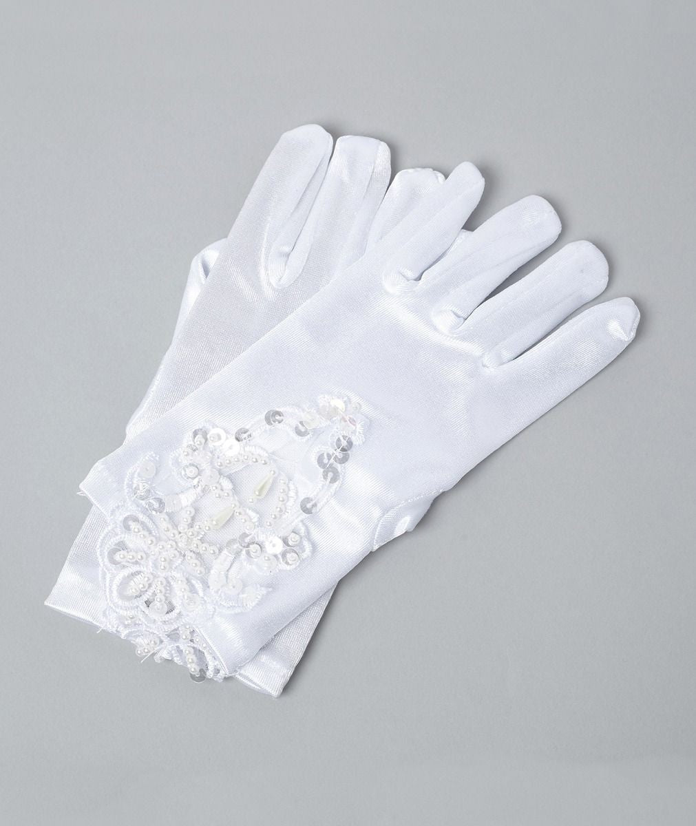 Gants en satin blancs ornés de sequins pour filles - VERA - Blanc