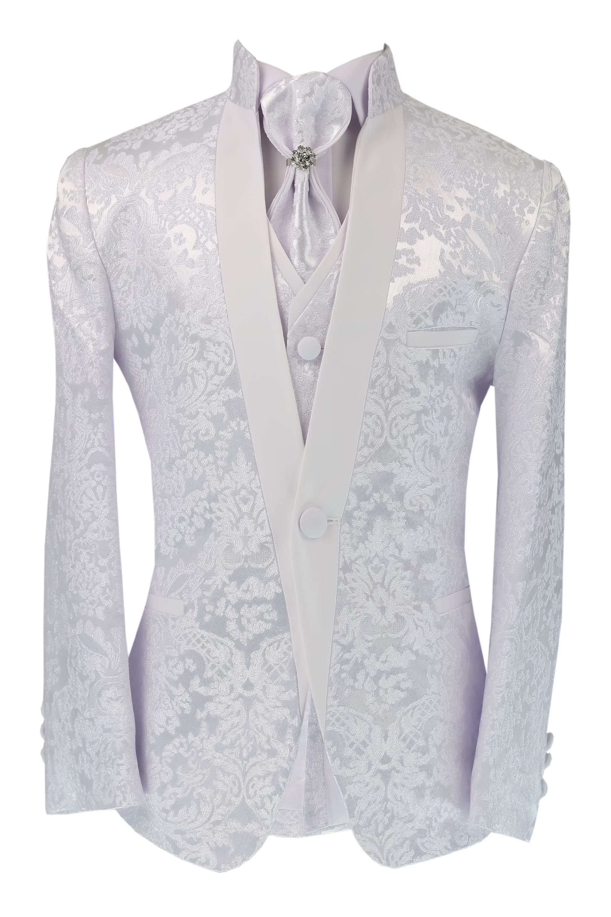 Jungen Satin Revers Weißes Paisley Blumen Tuxedo Anzug-Set - Weiß