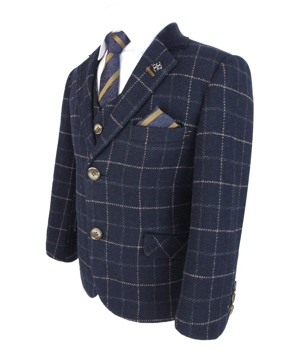 Costume en Tweed à Carreaux Windowpane Slim Fit pour Garçons - SHELBY - Bleu Marine