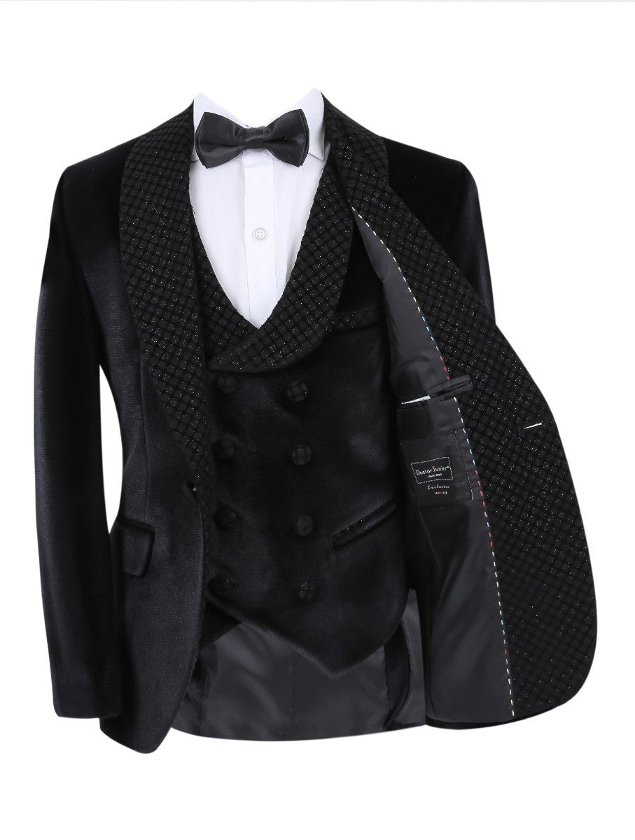 Boys Velvet Slim Fit Tuxedo Dinner Suit - Black