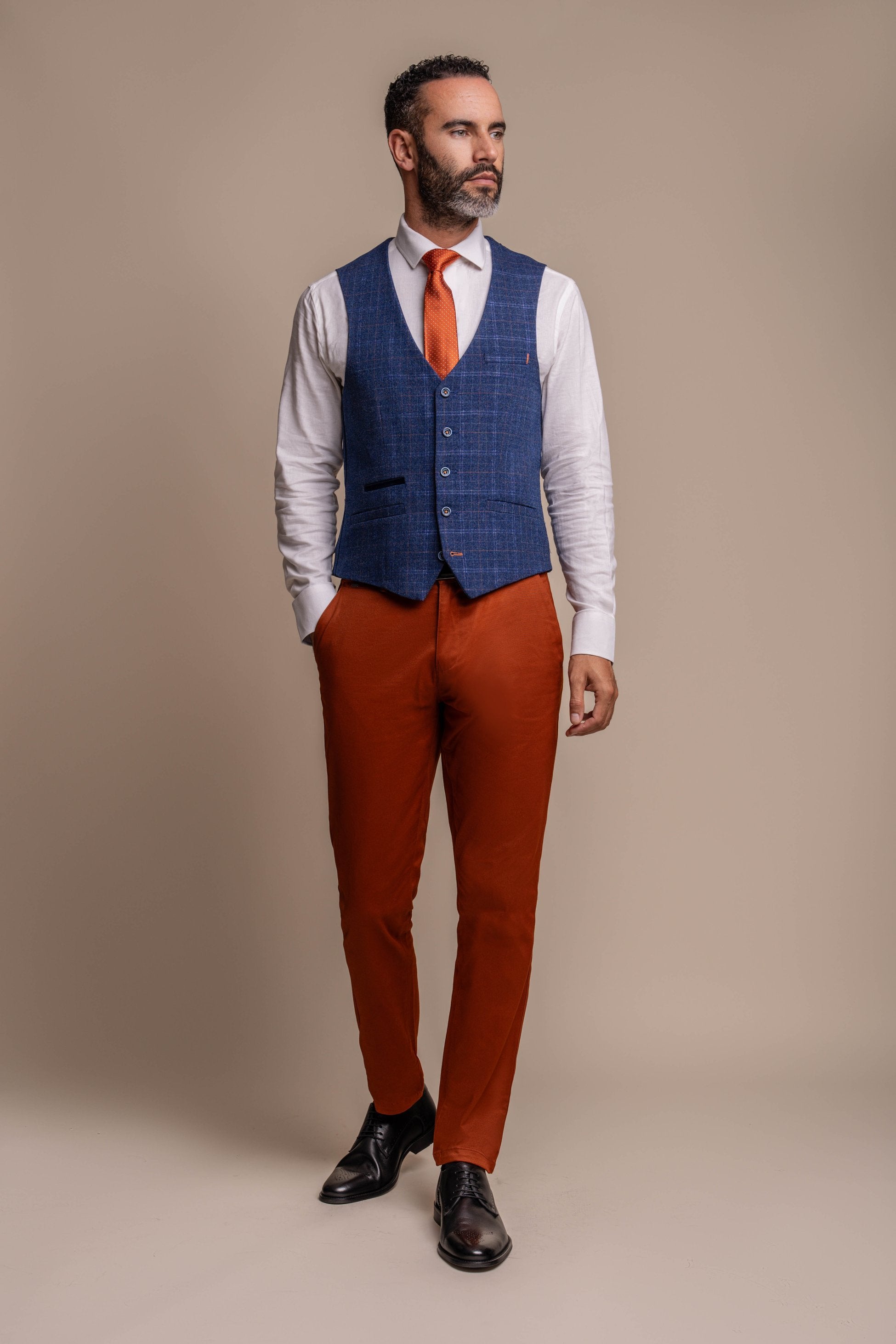 Ensemble Combiné Costume en Tweed Bleu et Chino Brun pour Homme - Bleu Marine avec Brun Rouille