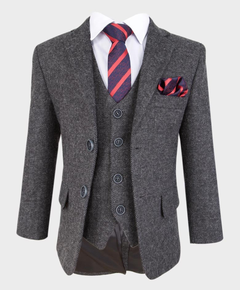 Boys Herringbone Tweed Grey Suit - GEORGE - Dark Grey