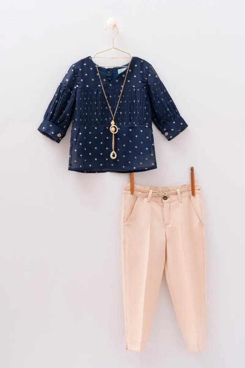 Girls Polka dot Casual Navy Set - MIALIA - Navy Blue - Beige