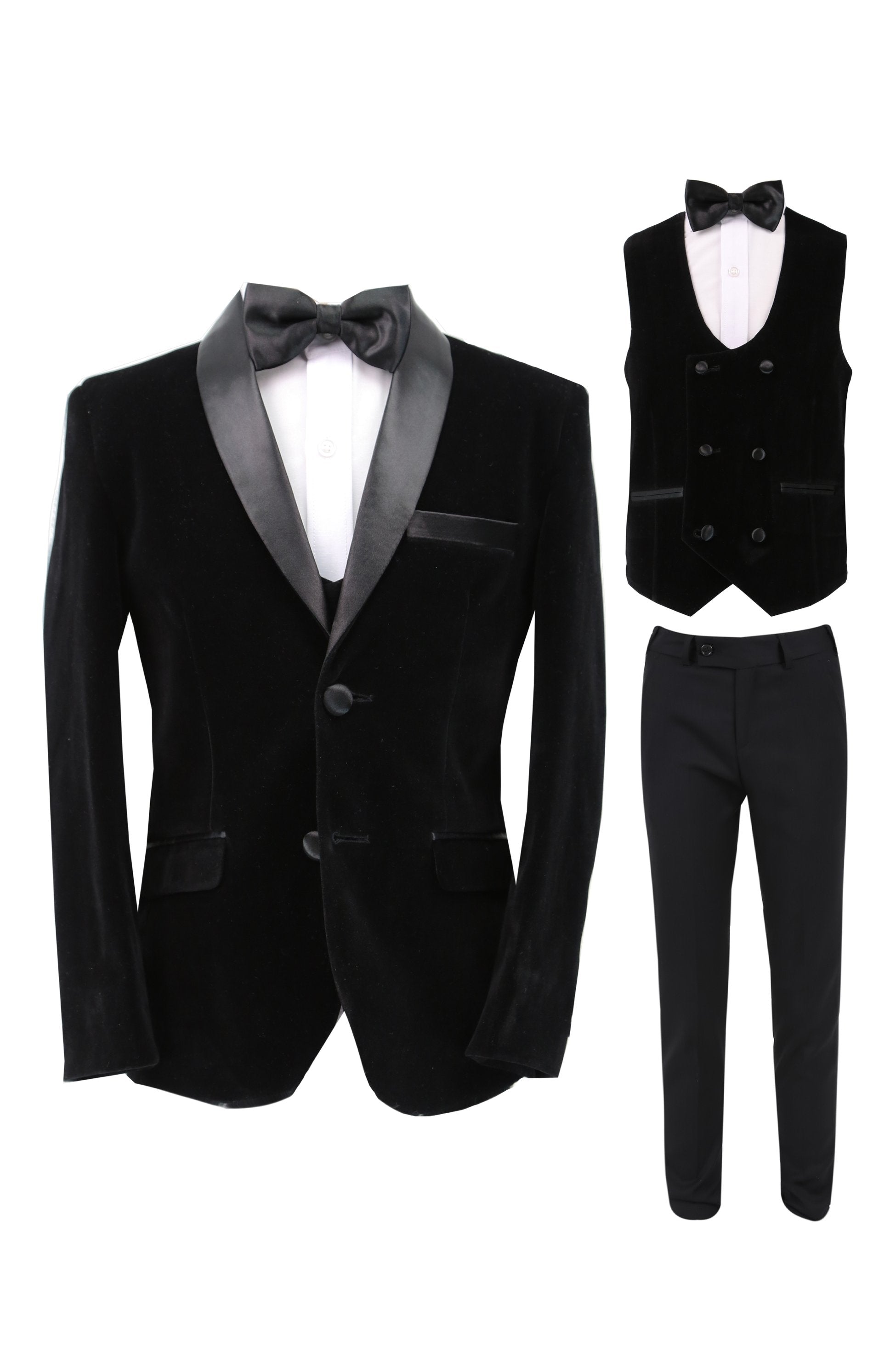 Jungen Samt Tuxedo Anzug mit Doppelreihiger Weste - Schwarz