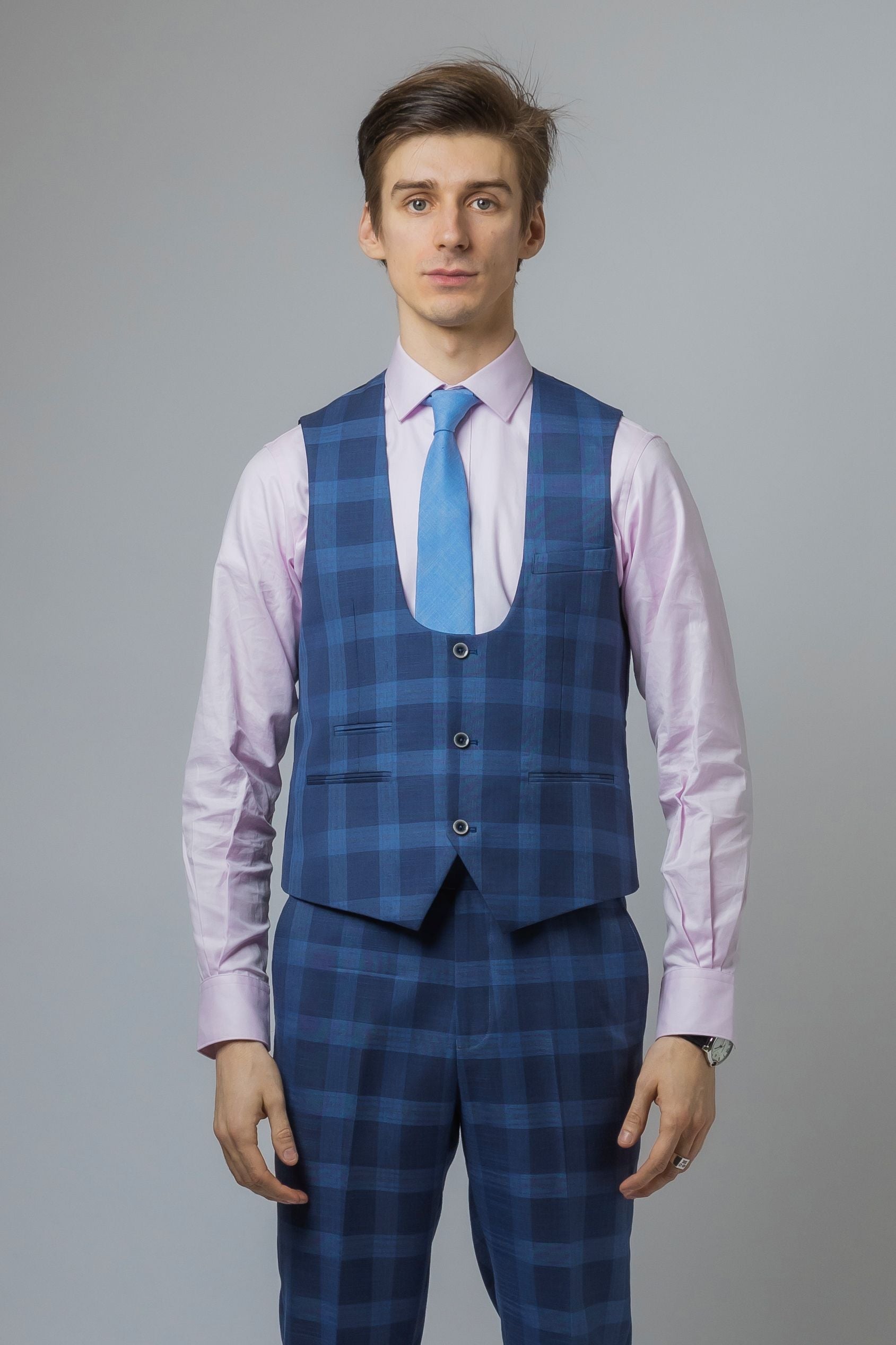 Men's Check Slim Fit Blue Waistcoat - Hunter - Dark Blue