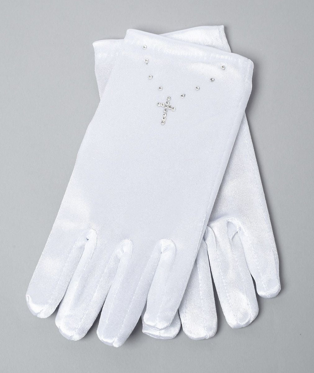 Girls' White Satin Gloves with Rhinestone Cross - JASMINE - White