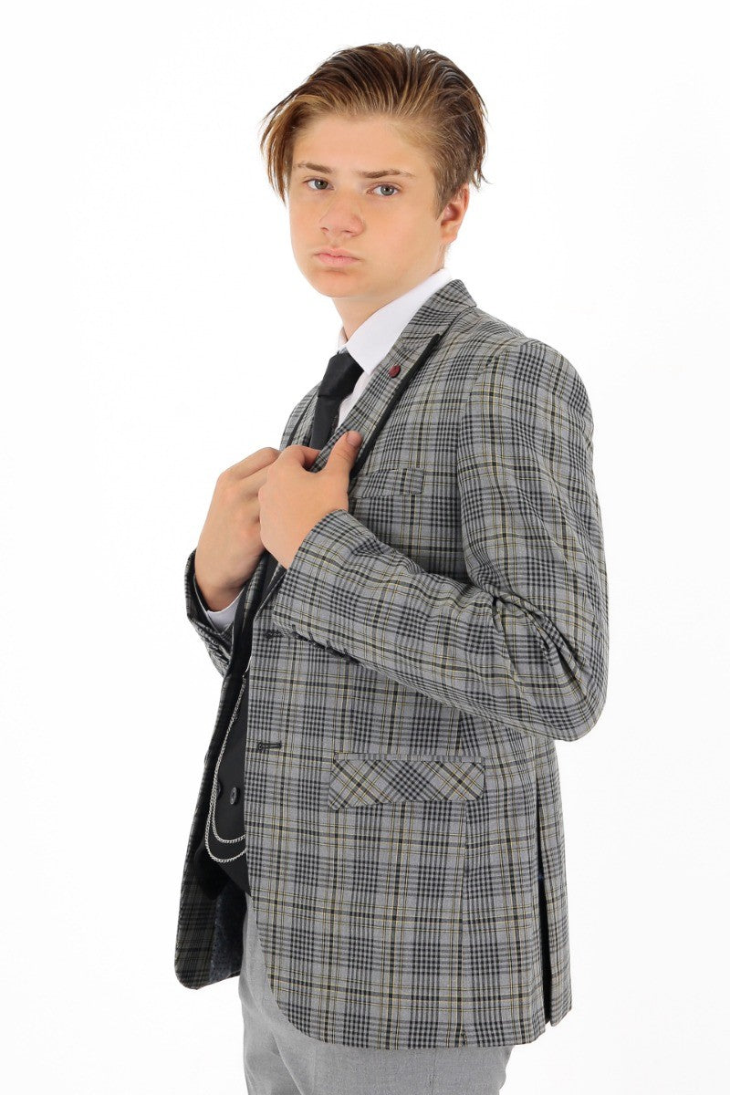 Boys Plaid Check Slim Fit Suit - Grey