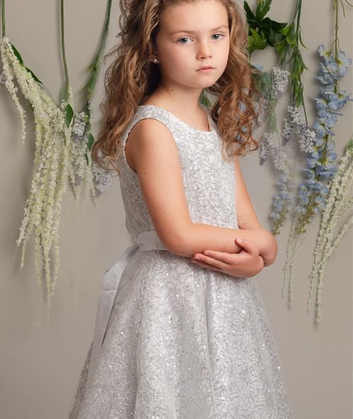 Girls Sparkly Embroidered Dress with Bow – CLIO - Silver