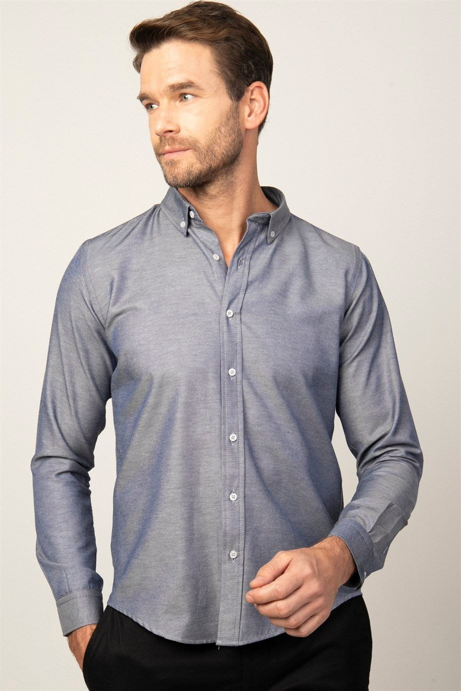 Chemise en coton ajustée à col boutonné - GABARDIN - Argent