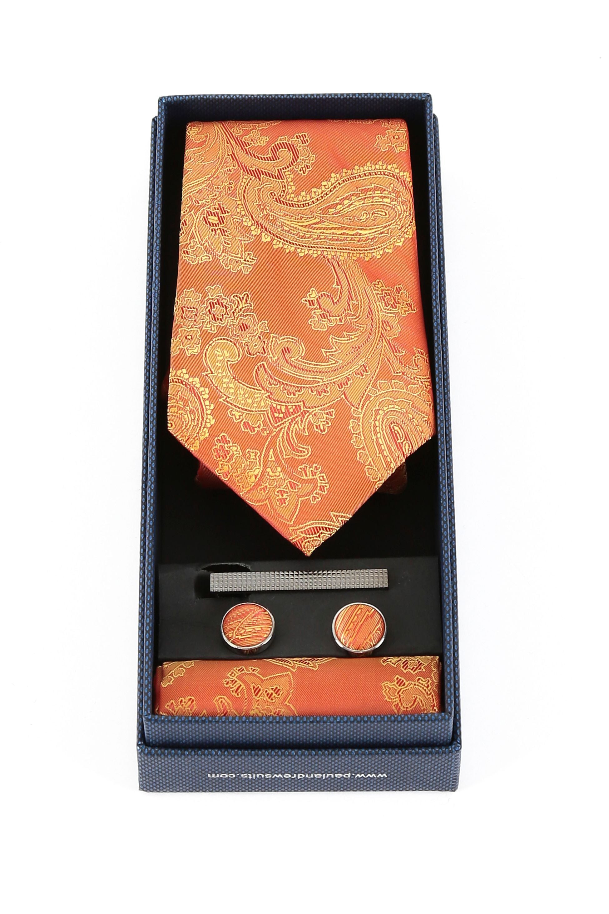 Ensemble cravate et boutons de manchette paisley pour hommes - Orange