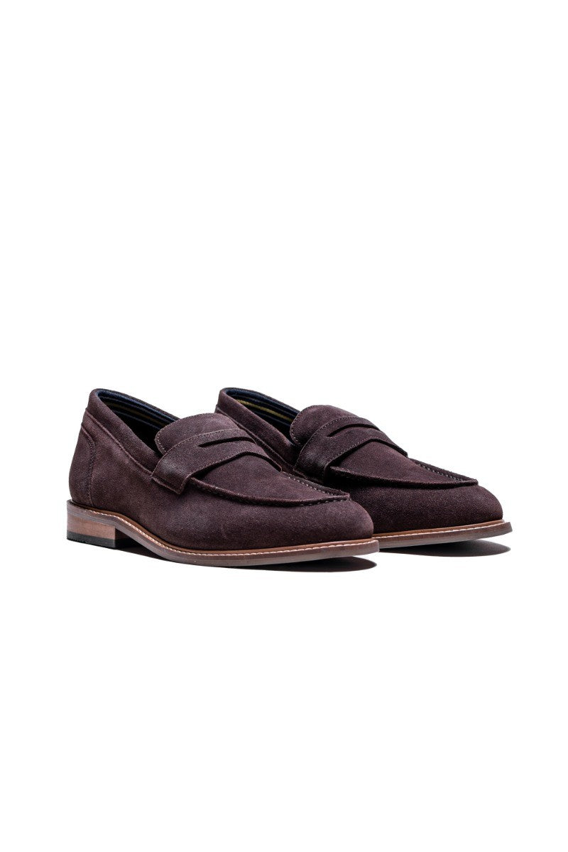 Men's Stacked Heel Suede Penny Loafer - JORDAN - Brown