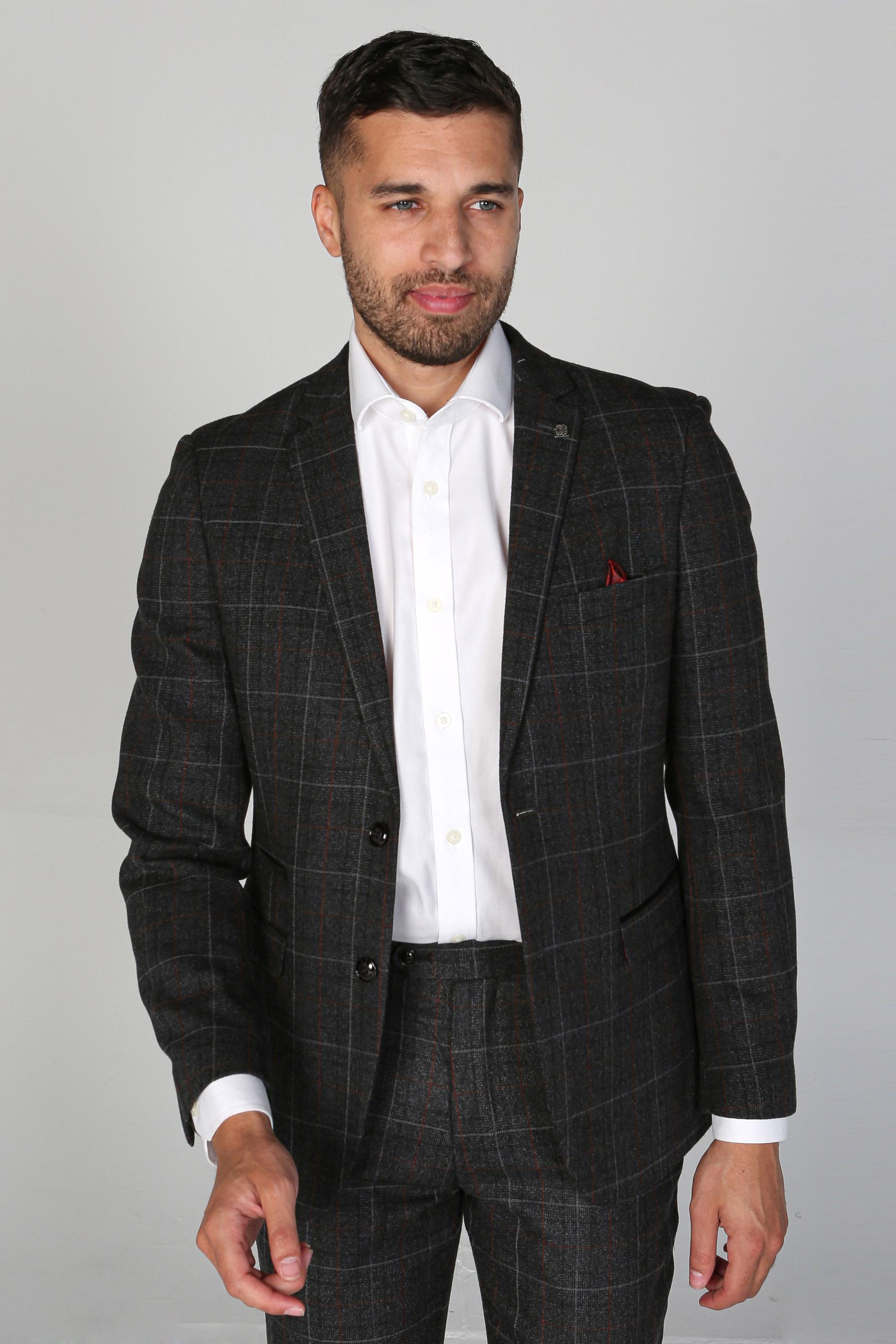 Men's Windowpane Tailored Fit Suit Jacket- HARVEY - Charcoal Grey