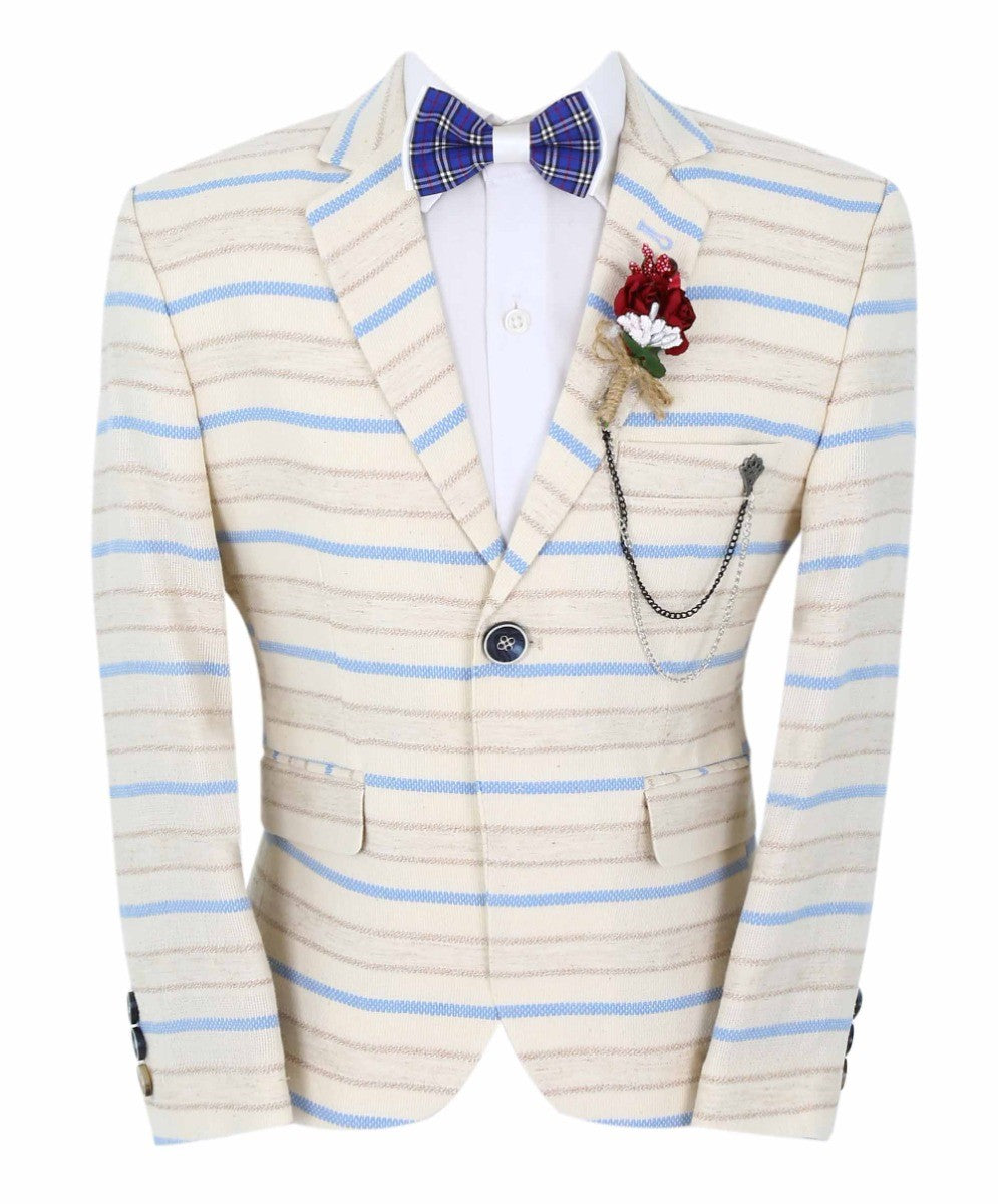 Boys Slim Fit Striped Blazer - Beige - Blue