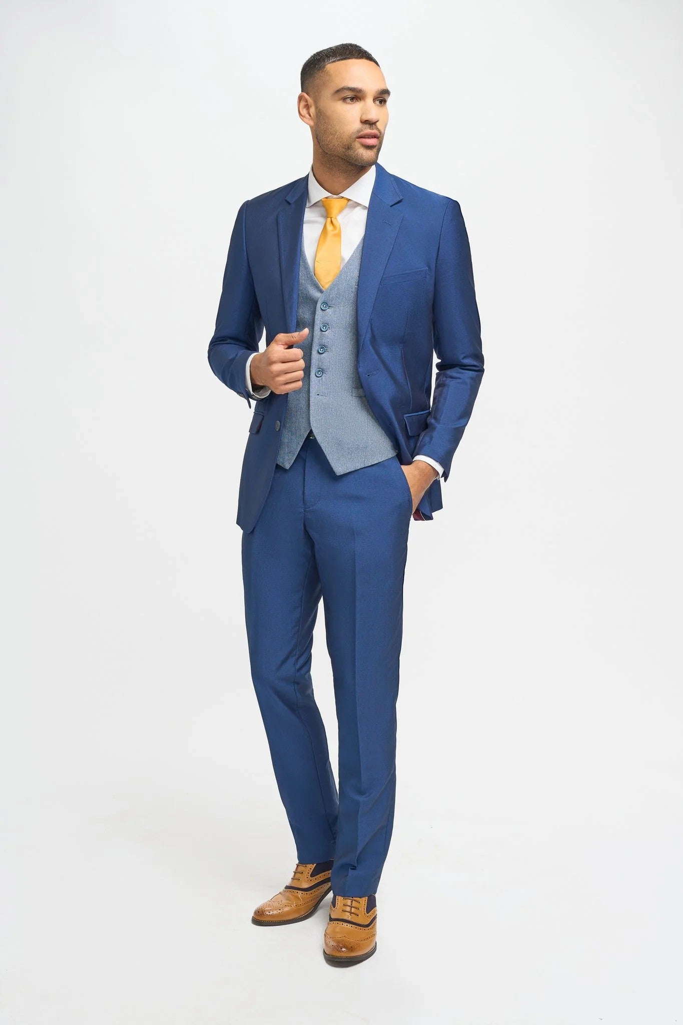 Men's Royal Blue Slim Fit 3-Piece Wedding Suit with Light Blue Tweed Waistcoat - Navy Blue