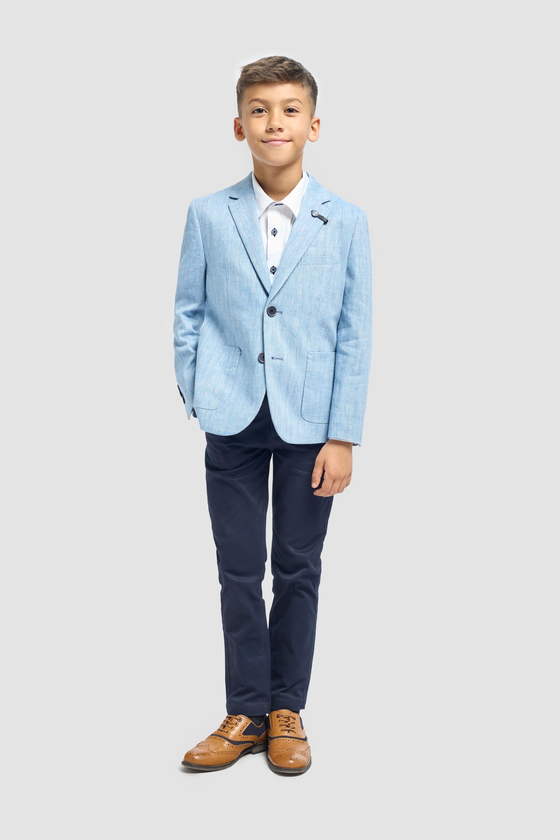 Boys’ Patch Pocket Linen Herringbone Blazer- Luigi - Sky Blue