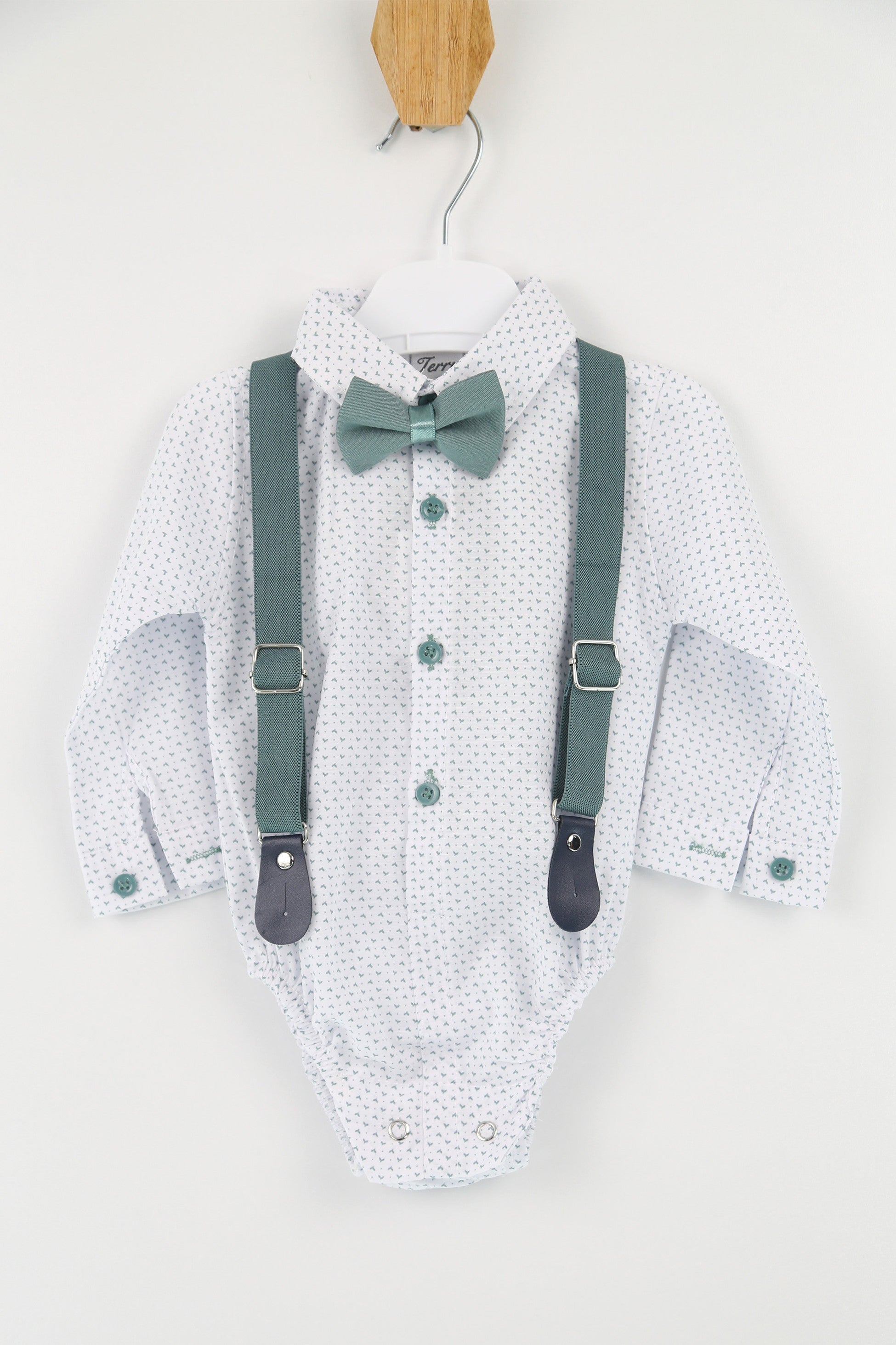 Baby Jungen Gentleman Outfit - 4-teilige Hosensatz mit Trägern - BIRD - Grün