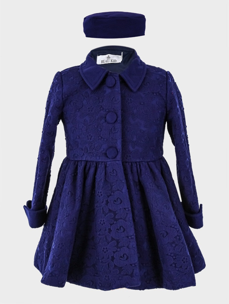 Ensemble Manteau Brodé Fleuri en Dentelle 2 Pièces pour Filles - Bleu Marine