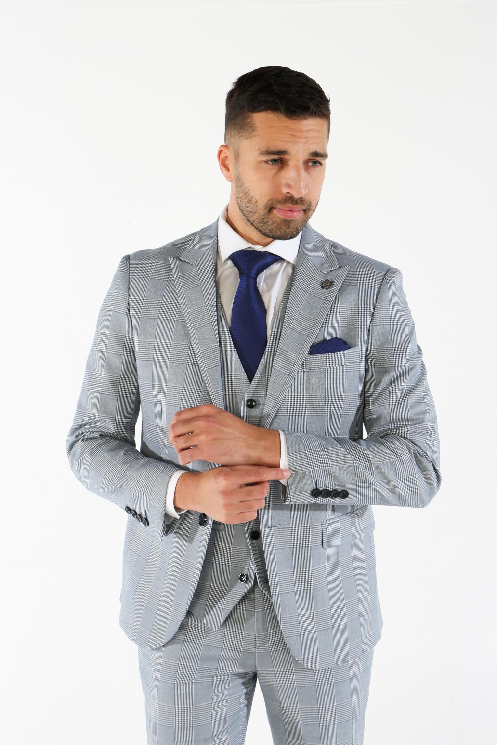 Men's Houndstooth Check Sky Blue Suit Jacket - MARK - Blue