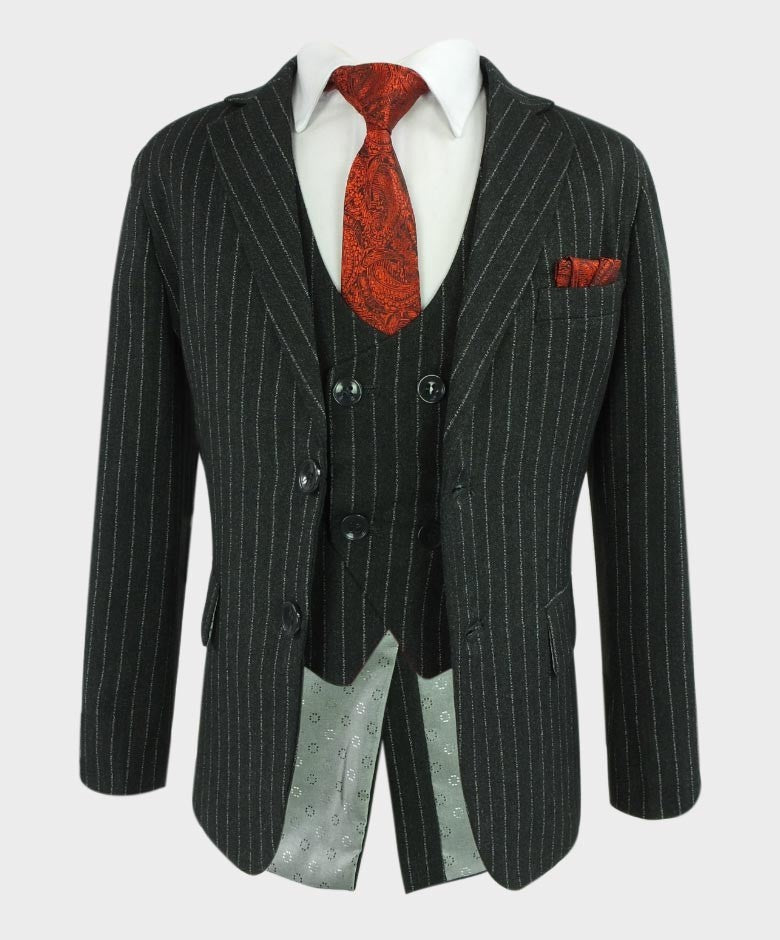 Boys Tailored Fit Pinstripe Dark Grey Suit Set - Dark Grey