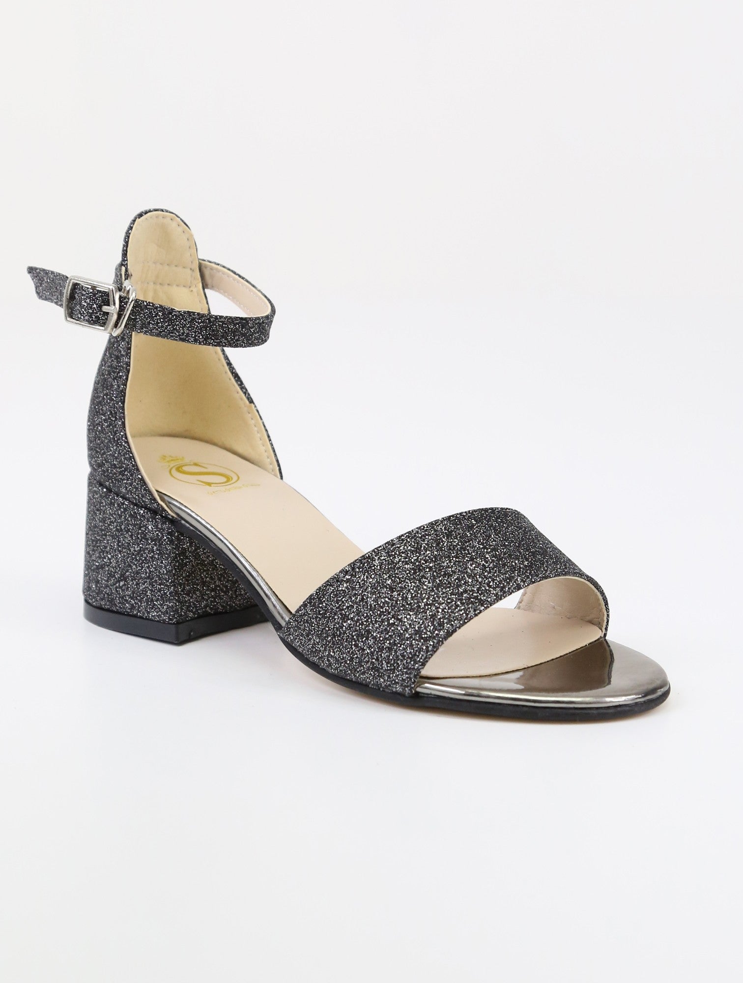 Girls Ankle-Strap Block Heel Sandals - SPARKLE - Dark Silver