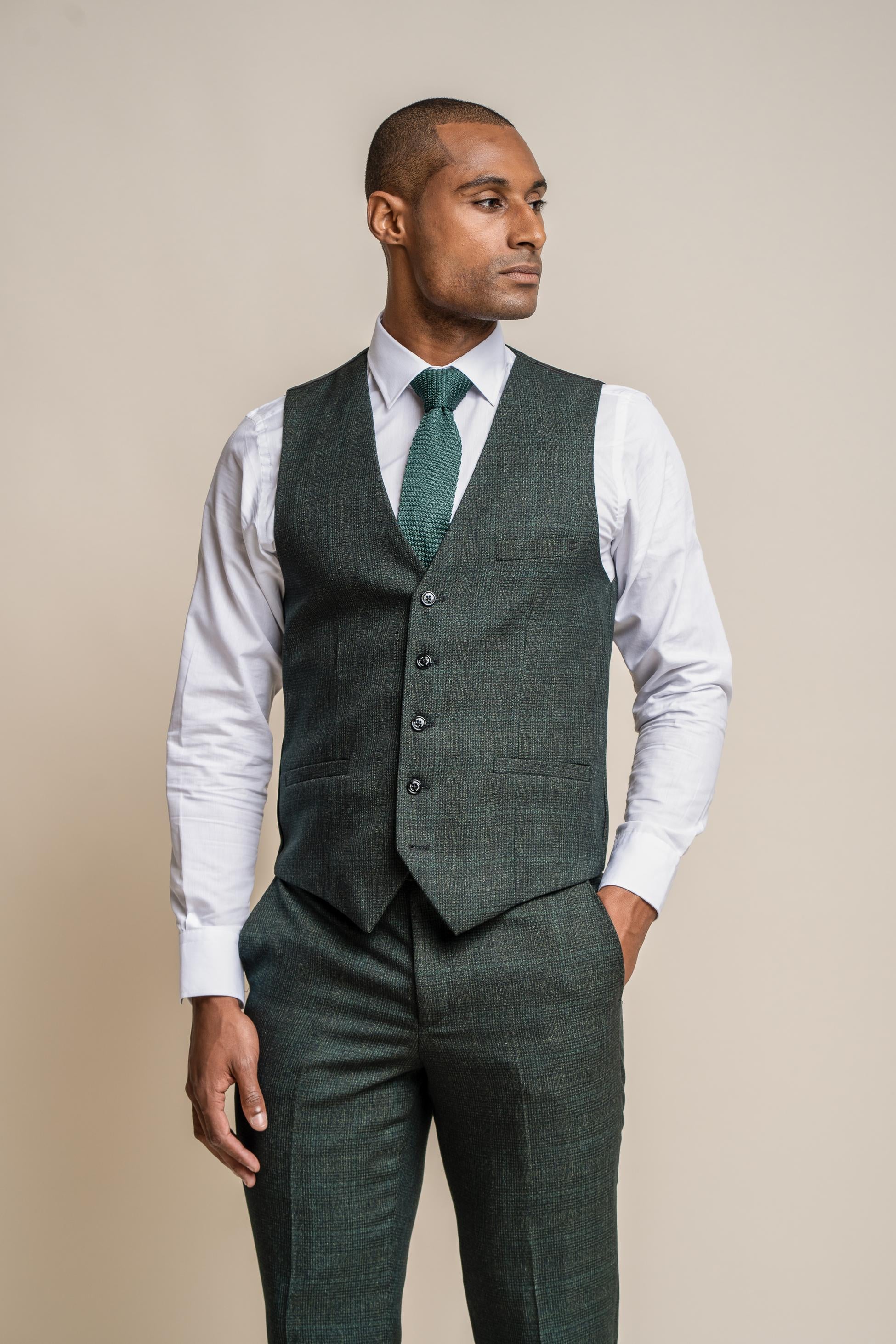 Men's Tweed Houndstooth Check Slim Fit Formal Waistcoat - CARIDI - Olive Green