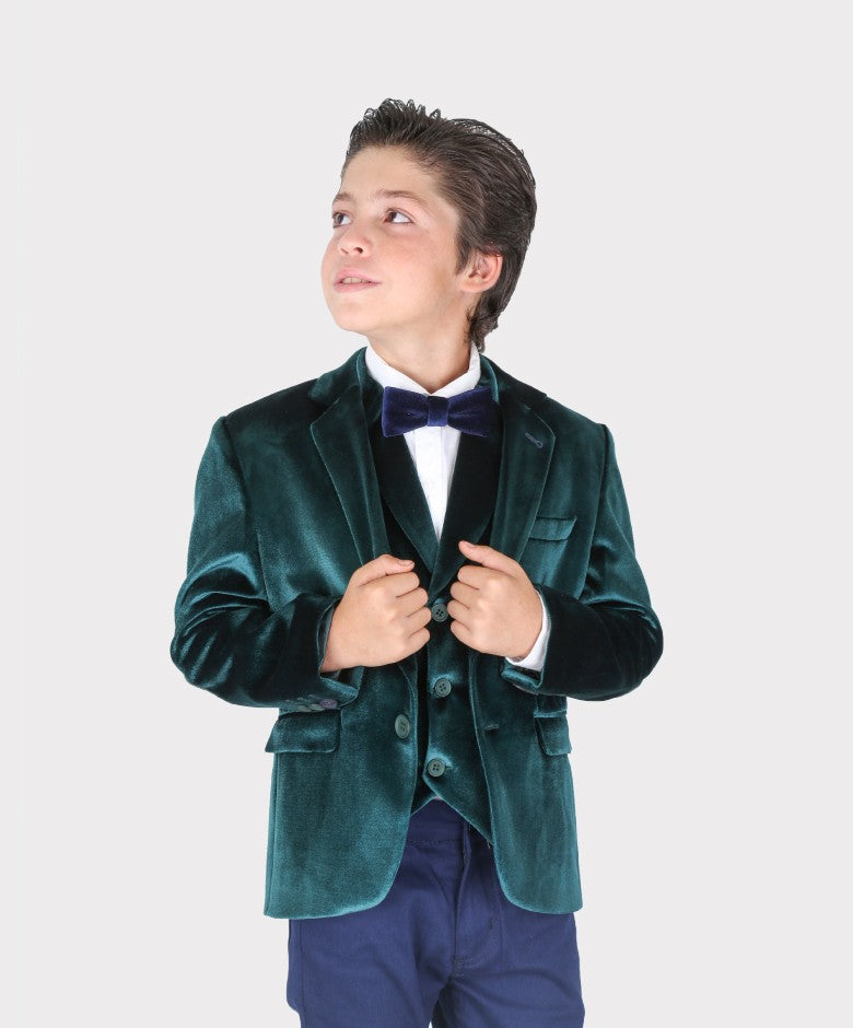 Boys Tailored Fit Velvet Suit with Elbow Patches - Green