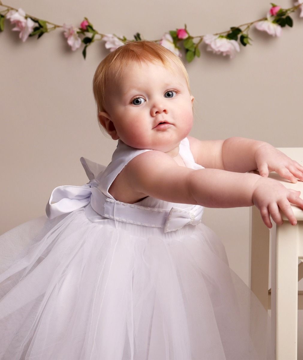 Baby Girls Pleated Bodice Christening Dress - CINDY - White