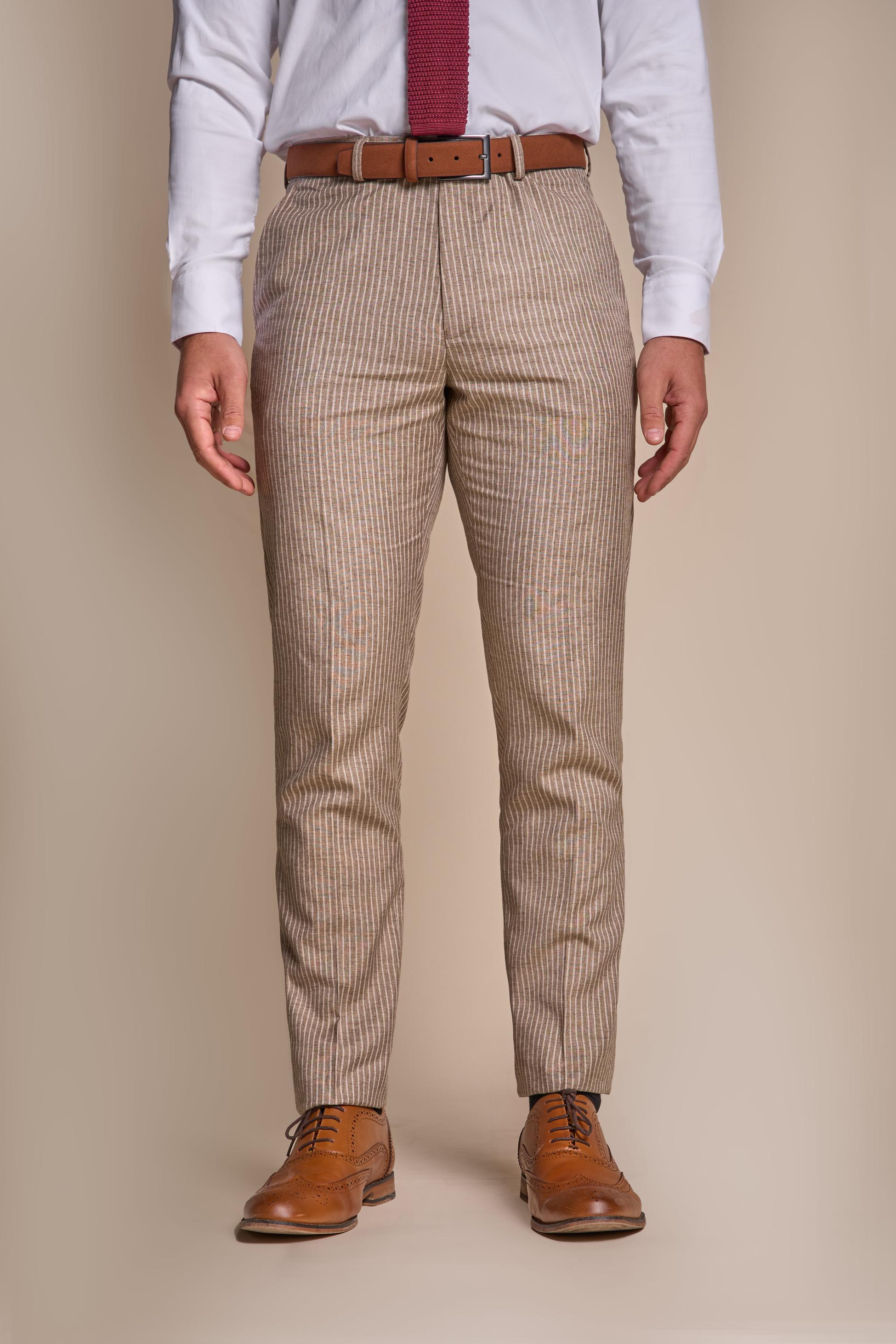 Herren Slim Fit Nadelstreifen Beige Hose – KRAKEN Sand - Sandbeige