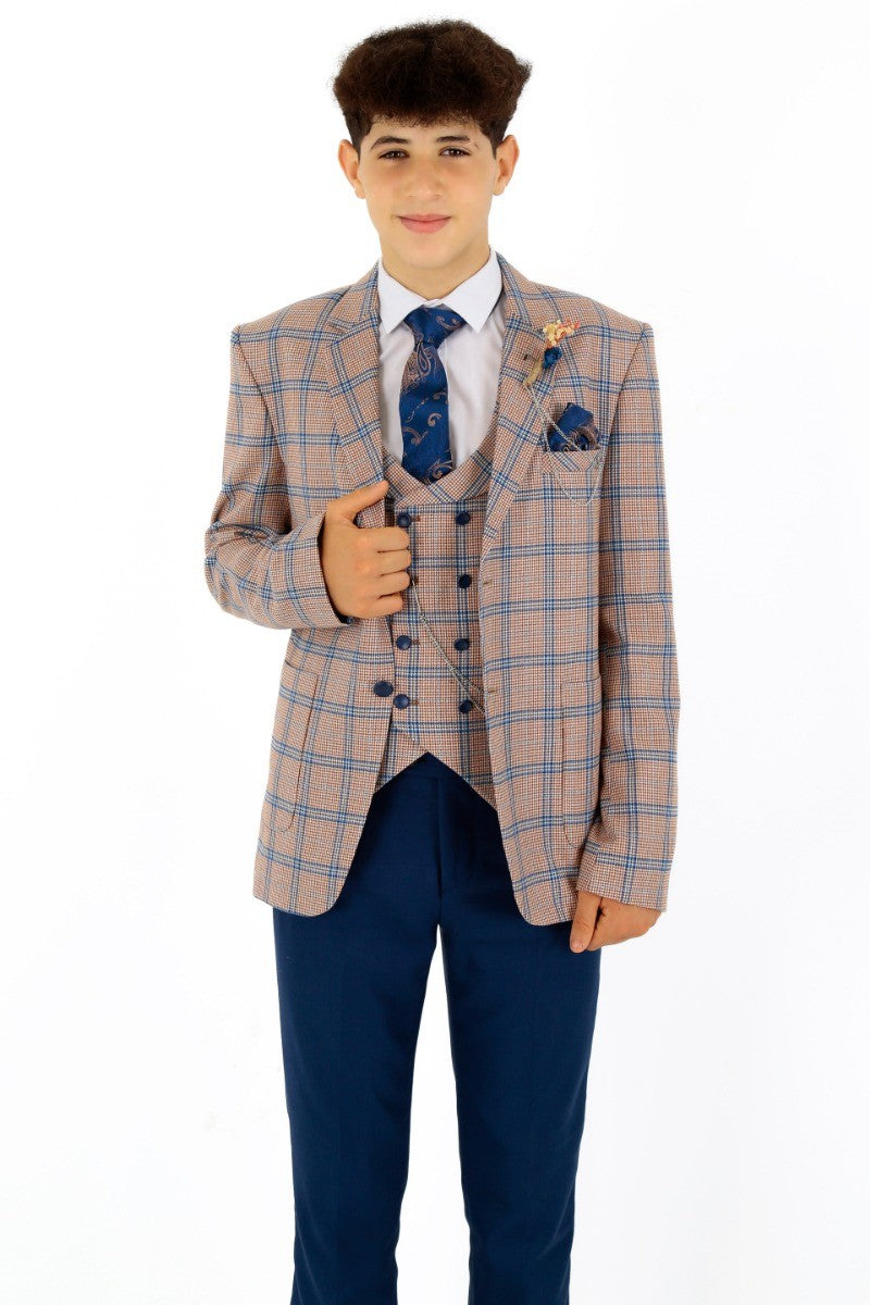 Jungen Windowpane Karo Slim Fit Anzug - Pfirsich - Marineblau