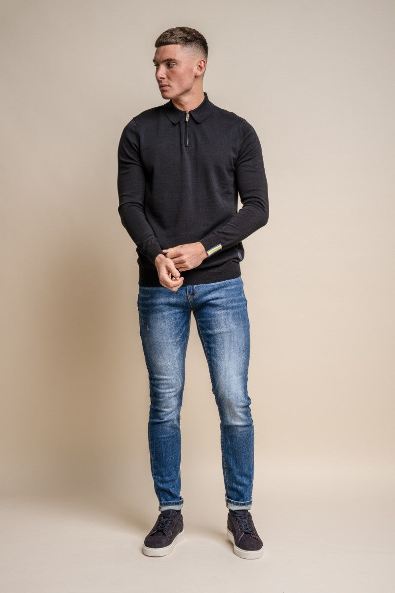 Pull en coton à col montant et zip quart pour hommes - Falcao - Noir