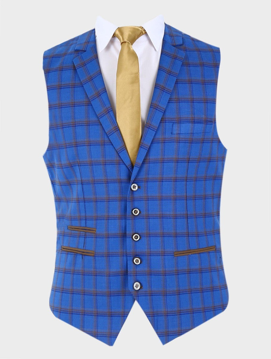 Herren Slim Fit Retro Karo Blazer und Weste - GRAVANO - Royalblau