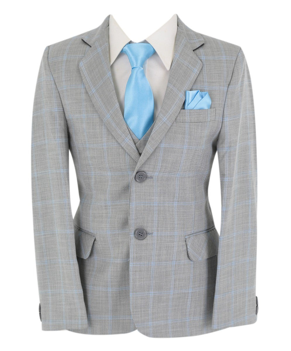 Boys Windowpane Check 6 Piece Suit Set - Grey