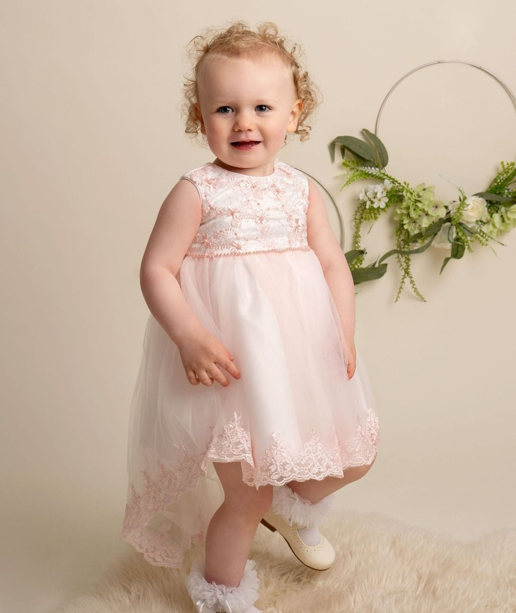 Robe en dentelle à jupe asymétrique pour bébés et filles - KHOLE - Rose Blush