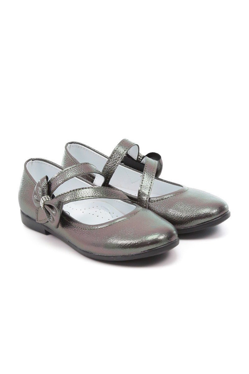 Girls Mary Jane Bow Flat Dress Shoes -MAYA - Metallic Silver